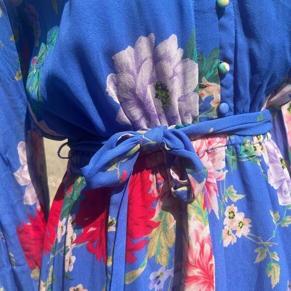 Yumi Kim Sz 0 Blue with floral pattern, chiffon, long sleeve mini dress. - Picture 5 of 16